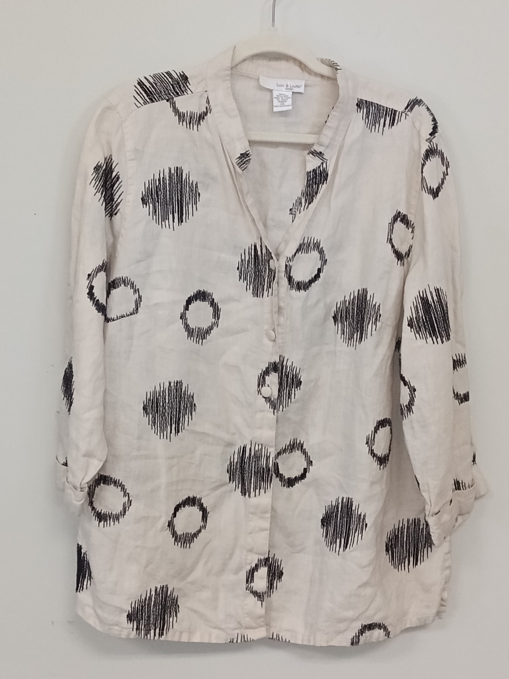 Lucy & Laurel Linen Cream Button-Front Black Scribble Dot Embroidered Top 2X
